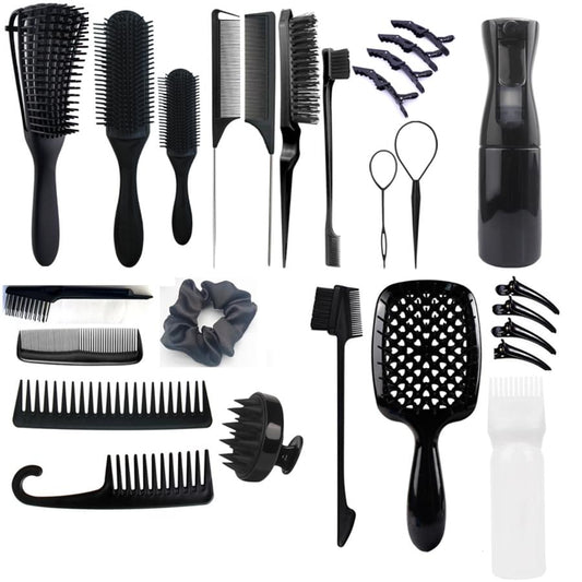 Black hair styling tools set with brushes, combs and spray bottle