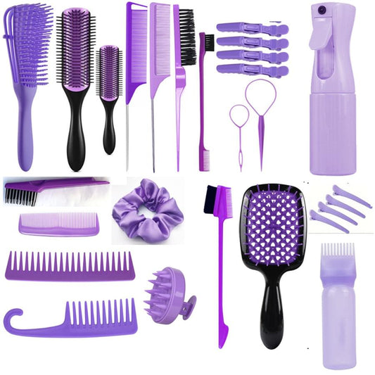 Purple hair styling brush set kit with combs, scalp massager, and accessories