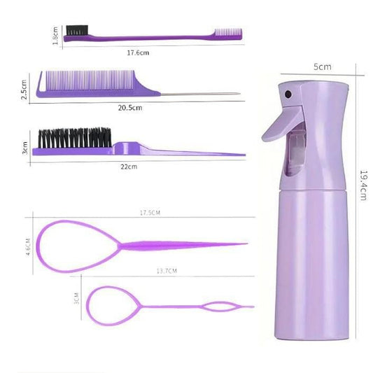 Purple hair tools kit shown with dimensions: brushes, combs, spray bottle