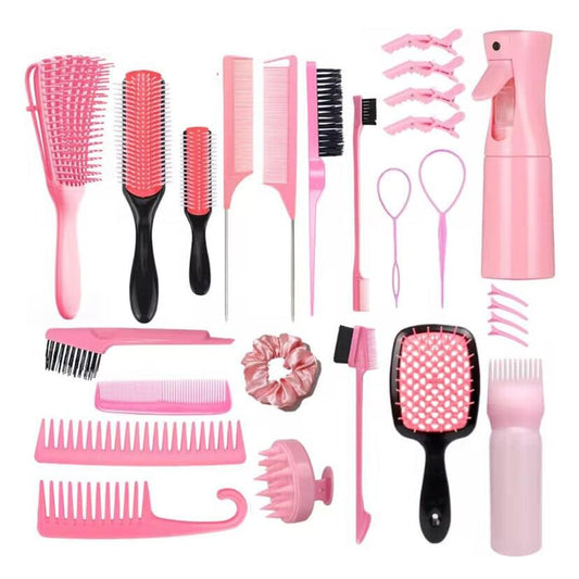 Pink hair styling kit with brushes, combs, scalp massager and accessories