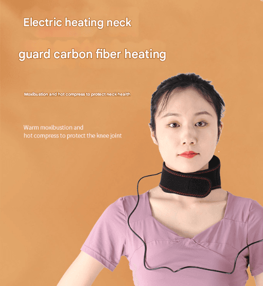 Heated neck wrap worn around the neck with the control unit at the front.