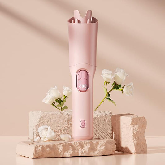 Pink cordless automatic hair waver with ceramic barrel and anti-scald design