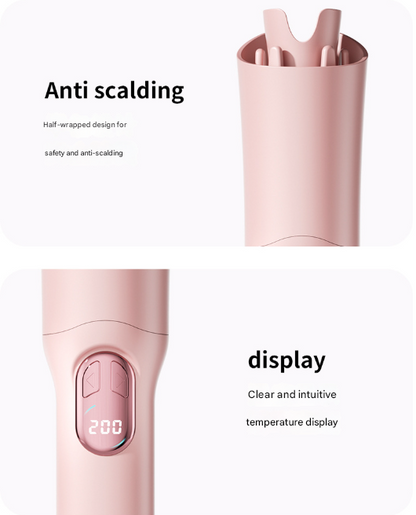 Pink Portable Cordless Hair Curler - USB-C Rechargeable Automatic Hair Waver with Ceramic Barrel & Anti-Scald Design
