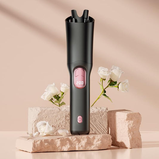 Black cordless automatic hair waver with ceramic barrel and temperature display.