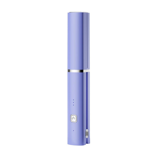 Purple cordless mini hair straightener with flat plates and compact handle