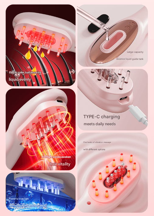Pink-white scalp massager comb with metal prongs and glowing light indicators