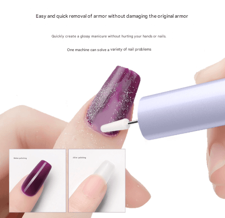 Purple electric nail file drill smoothing a fingernail with a rotating grinding bit