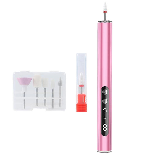 Pink rechargeable nail drill pen with UV lamp and included nail drill bits set
