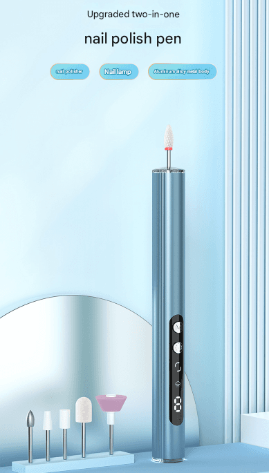 Metallic nail drill pen with UV lamp, shown with accessory heads