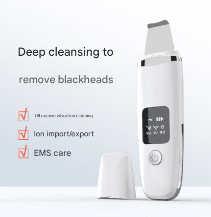 White facial ultrasonic skin scrubber with black display and power button