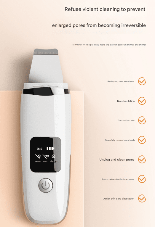 White handheld facial device with black control panel and EMS icons