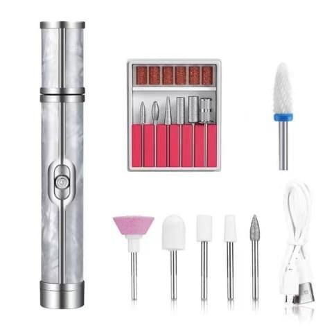 Grey electric nail drill pen with metal body and starter set of grinding bits
