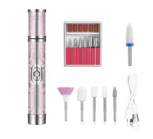 Pink cordless electric nail drill pen with metal body and charging port