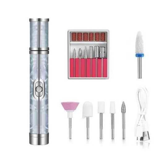 Nail drill pen kit with silver body and blue tip, plus grinding bits in a case