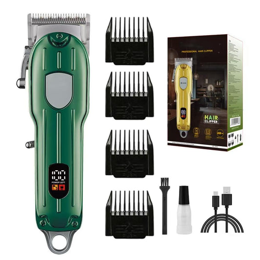 Green electric hair clipper with detachable guard attachments and charging cable