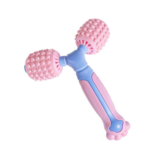 Y-shaped dual roller massage tool with pink textured rollers and blue handle