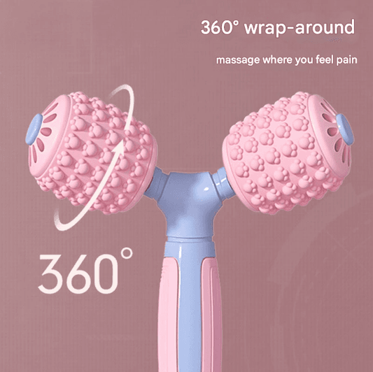 Dual roller Y-massager head with pink nubs on both sides and blue center grip