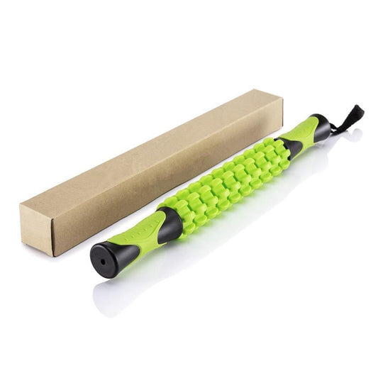 Green massage roller stick with textured surface and black end grips