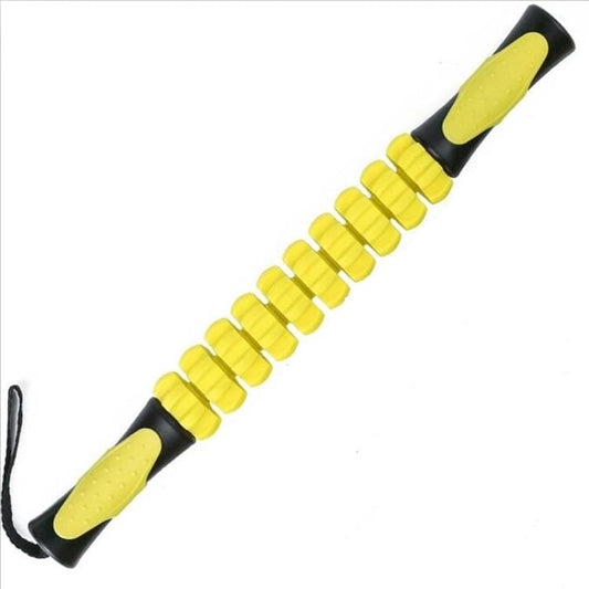 Portable massage roller stick with yellow textured rollers and black anti-slip ends