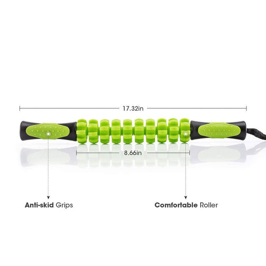 Full-length fascia release roller stick with green segmented rollers and black grips