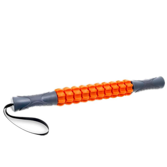 Orange massage roller stick with ridged foam cylinder and dark non-slip end grips