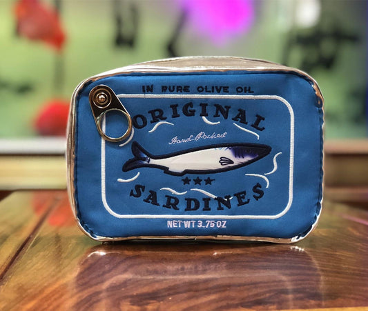Blue novelty sardine tin PU leather clutch with zipper and printed sardine label