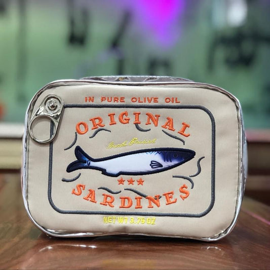 Sardine tin novelty clutch with silver PU finish and 'Original Sardines' label