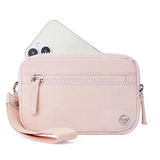 Light pink quilted phone bag wallet with front zipper pocket and wrist strap