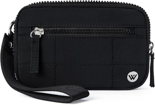Black quilted phone bag wallet with top zipper and crossbody strap