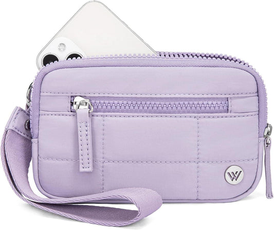 Purple quilted phone bag wallet with zip closure and wrist strap, metal W logo