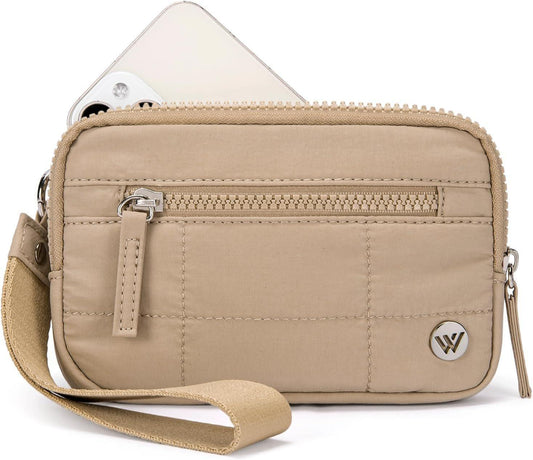 Khaki phone bag wallet with front zip pocket and wrist strap