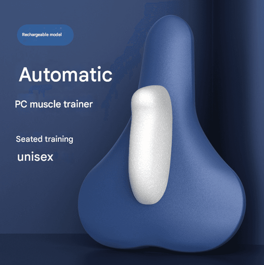 Blue PC muscle trainer with white insert, electric kegel device for unisex seated use