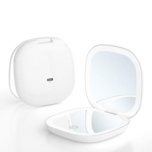 White portable folding LED makeup mirror with open cover and round mirror glass