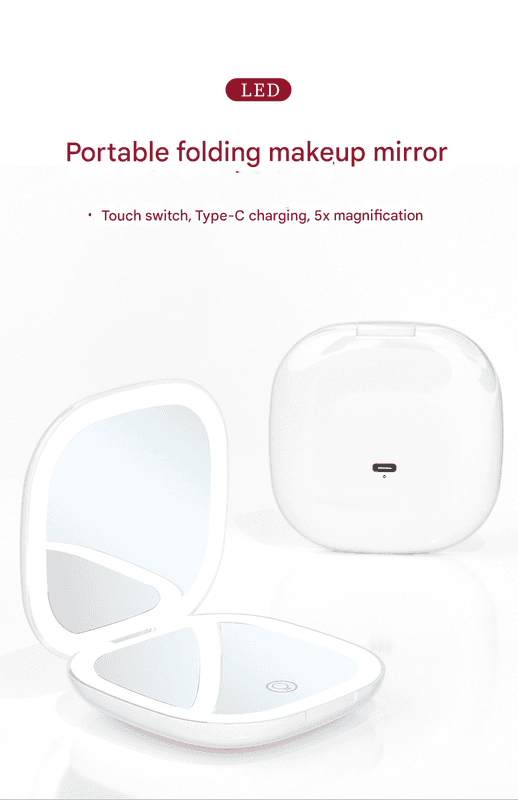 White portable folding makeup mirror with compact case and open mirror panel
