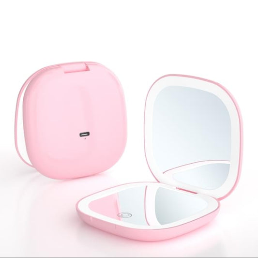 Pink portable LED makeup mirror, open lid showing built-in square mirror