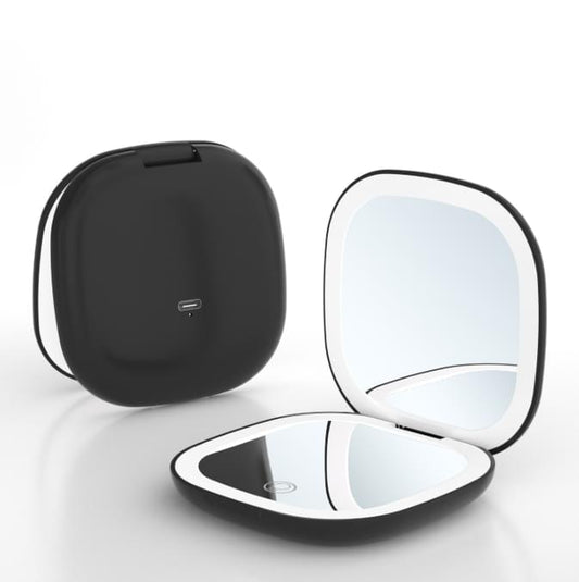 Black foldable LED makeup mirror set, open compact with bright mirror and rim light