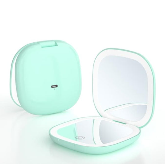 Mint green compact LED makeup mirror with flip lid, open clamshell view