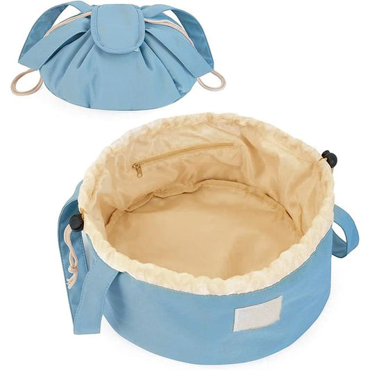 Light blue drawstring makeup bag with ruffled rim and inner zippered pocket