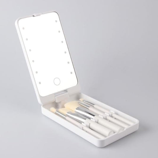 Portable LED makeup mirror set with foldable white case and makeup brushes, open