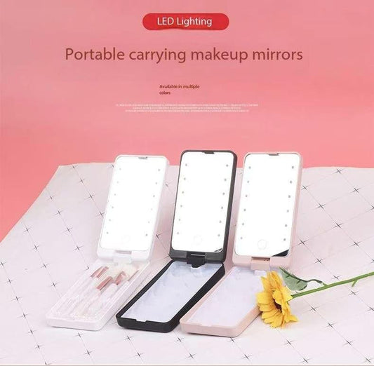 Foldable portable LED makeup mirror set, three white cases with brushes and pads