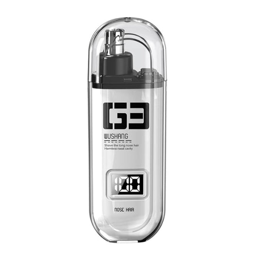 White electric nose and ear hair trimmer with LED battery display and charging base.