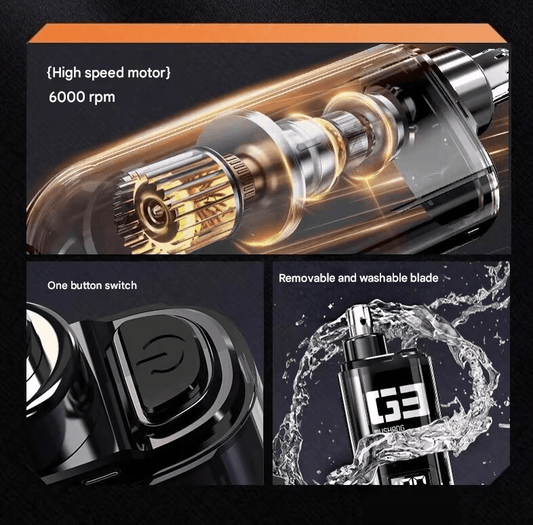 Electric nose and ear trimmer with clear blade housing and rotary cutter head detail.