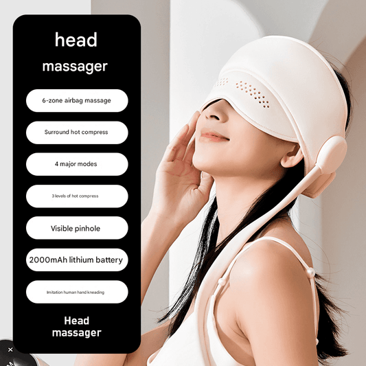 White head massage hat with padded inflatable side chambers and dotted forehead panel