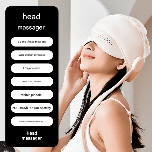 White electric head massage hat with inflatable side pads and chin strap