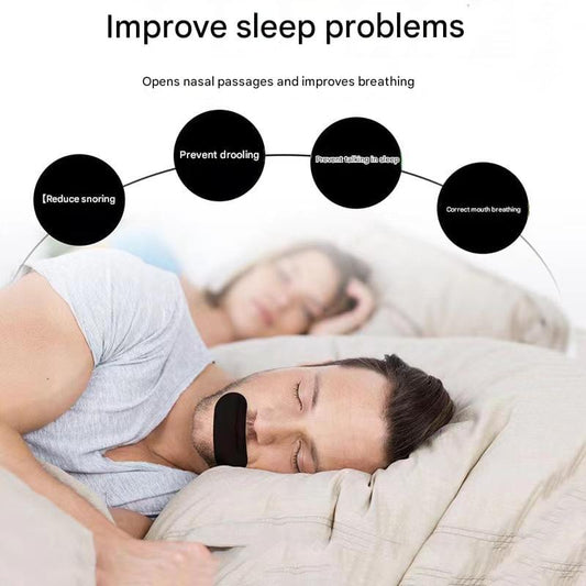 Black mouth tape strip applied across lips on a sleeping person