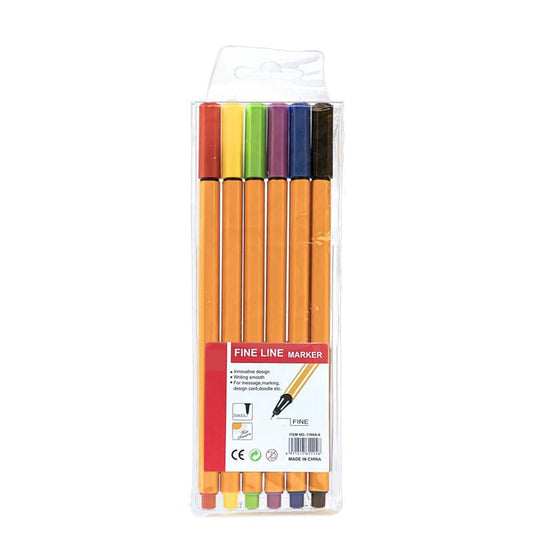 Fine line marker pen set in clear pack with six pens, labeled fine line marker