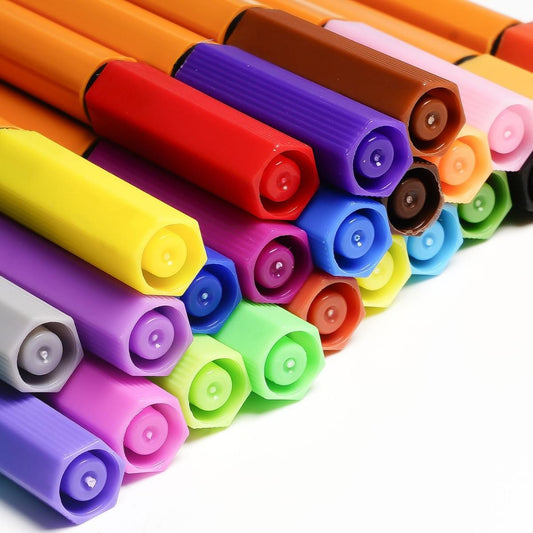Fine line marker pens, close-up of colorful capped needle-tip markers