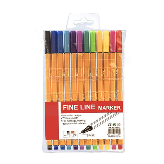 Fine line marker pen set, 12 assorted color pens in plastic pack