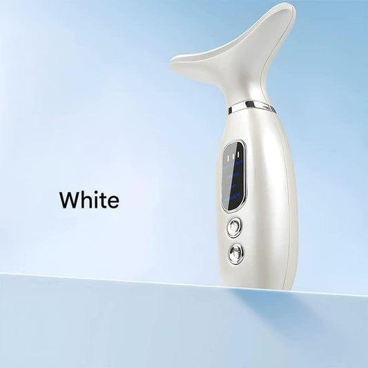 White handheld neck and face beauty massager with digital display and buttons