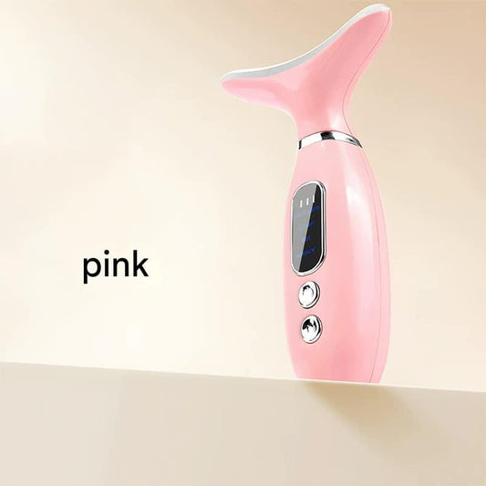 Pink neck and face beauty massager with curved head and control buttons